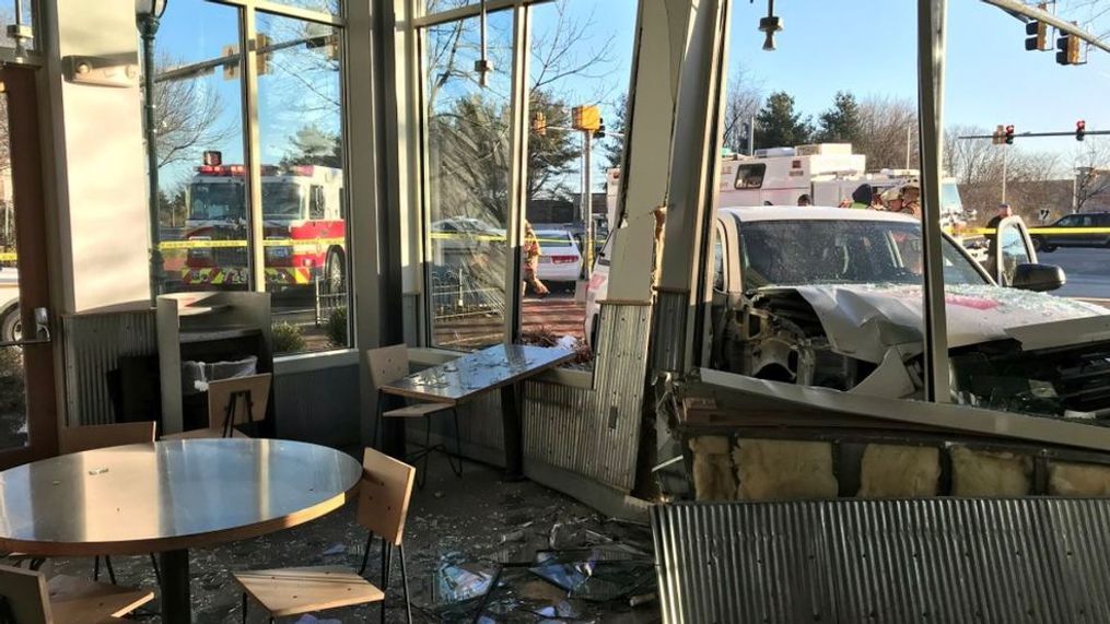 A car crashed into a Chipotle in Germantown, Md., Monday, March 26, 2018. (Montgomery County Fire Department/Pete Piringer)