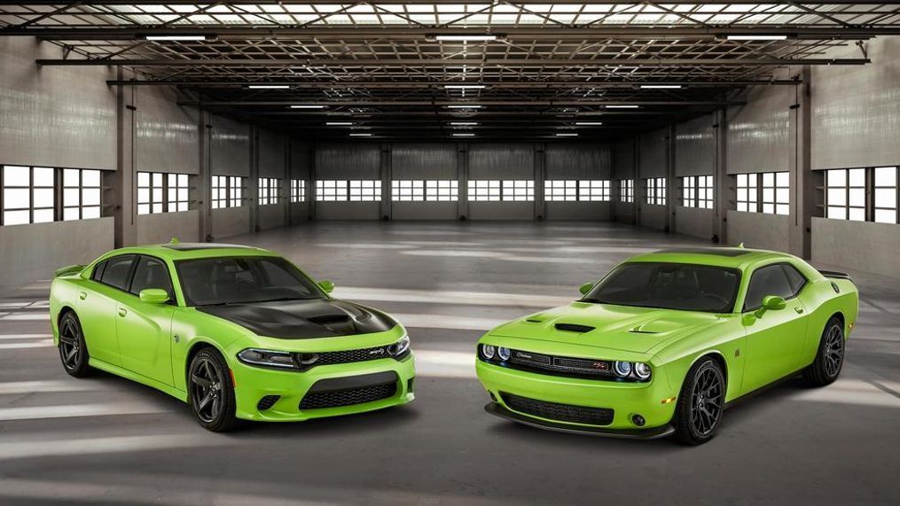 The Dodge Charger and Challenger in heritage-inspired Sublime green. (Image courtesy of Fiat Chrysler Automobiles)