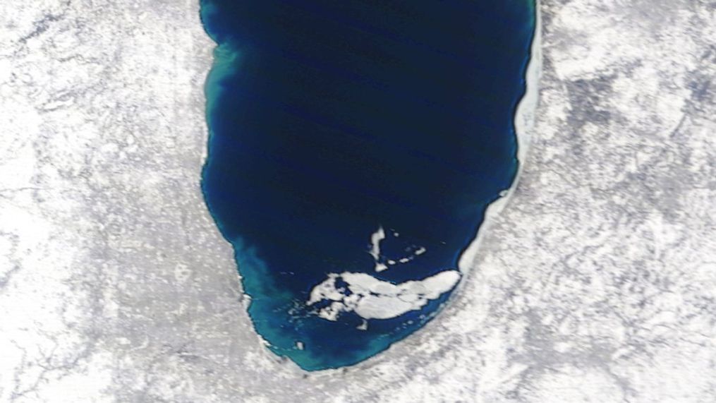 High resolution visible satellite imagery shows a large sheet of ice drifting across the open water of southern Lake Michigan on Tuesday, Feb. 23, 2021. (WWMT/Courtesy: NOAA Coastwatch)