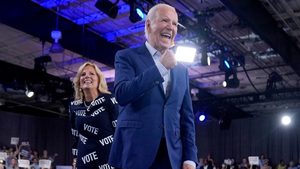 President Joe Biden, right, and first lady Jill Biden walk off stage after speaking at a campaign rally, Friday, June 28, 2024, in Raleigh, N.C. (AP Photo/Evan Vucci)