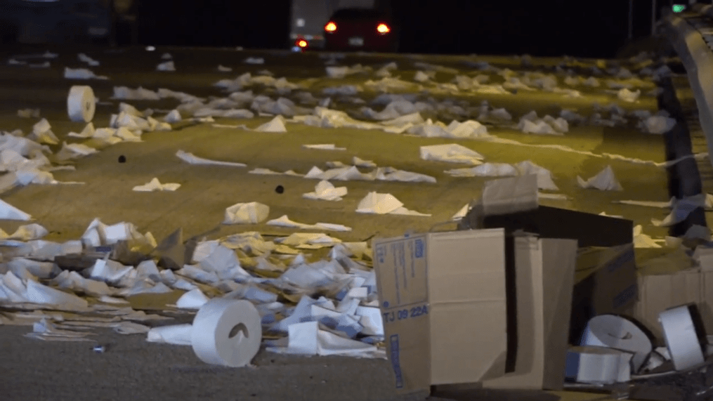 Big rig hauling trailer full of toilet paper bound for San Antonio crashes, catches fire in the Dallas area on April 1, 2020. (Photo: SBG San Antonio)