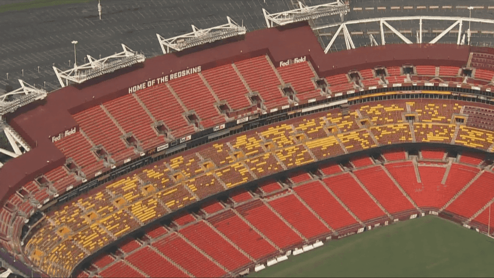 Washington Football Team's former branding seen at FedExField on Thursday, August 6. (ABC7)