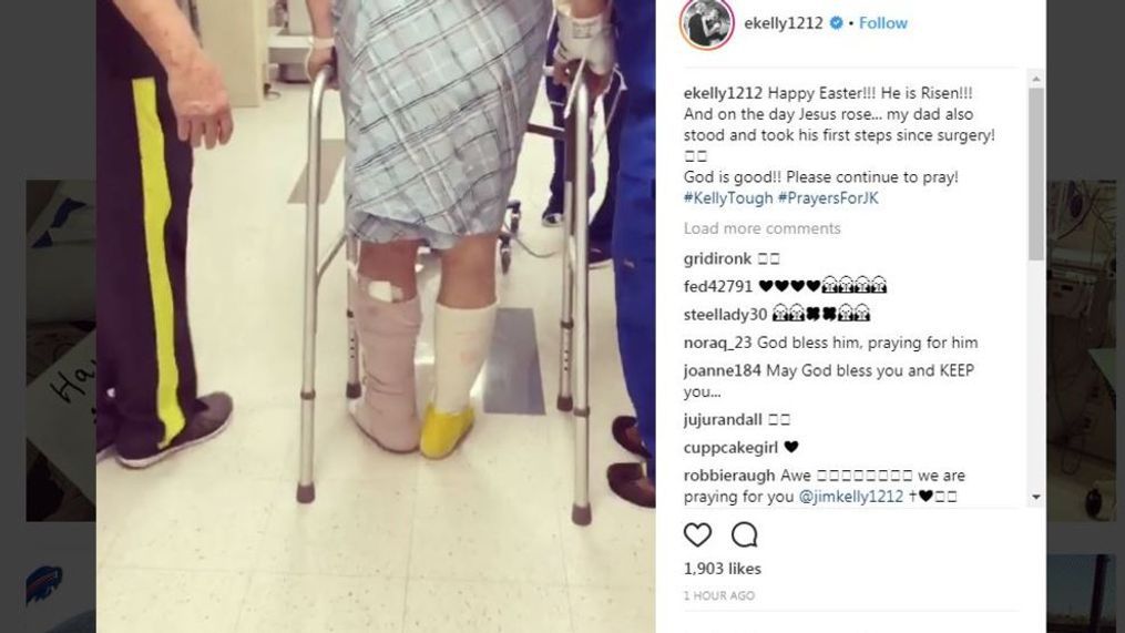 Kelly stood and took his first steps since having surgery to remove his jaw cancer. (Photo: Instagram, Erin Kelly.)