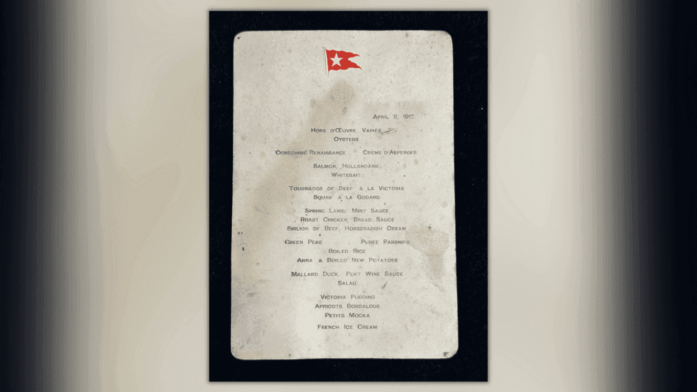 Rare first-class Titanic menu from April 11, 1912 (Photo Henry Aldridge and Son Ltd.)