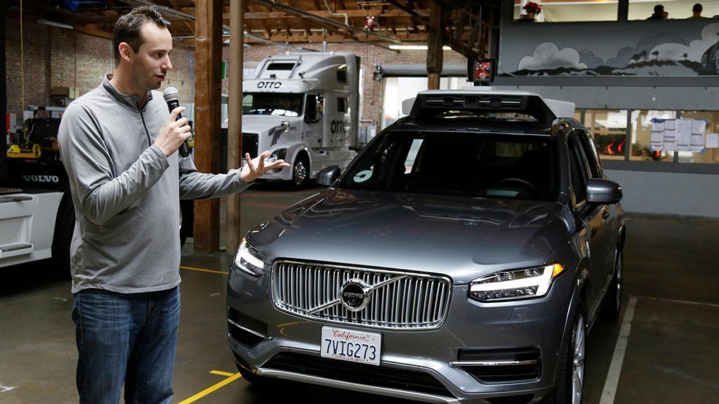 FILE- In this Dec. 13, 2016, file photo, Anthony Levandowski, head of Uber's self-driving program, speaks about their driverless car in San Francisco. The former Google engineer is being charged with stealing closely guarded secrets that he later sold to Uber as the ride-hailing service scrambled to catch up in the high-stakes race to build robotic vehicles. The indictment filed Tuesday, Aug. 27, 2019, by the U.S. Attorney's office in San Jose, California, is an offshoot of a lawsuit filed in 2017 by Waymo, a self-driving car pioneer spun off from Google. (AP Photo/Eric Risberg, File)