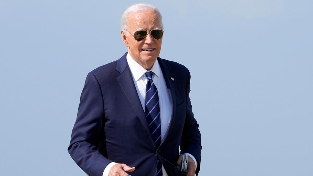 President Joe Biden walks over to speak with reporters at Andrews Air Force Base, Md., Monday, July 15, 2024. as he heads to Las Vegas. (AP Photo/Susan Walsh)