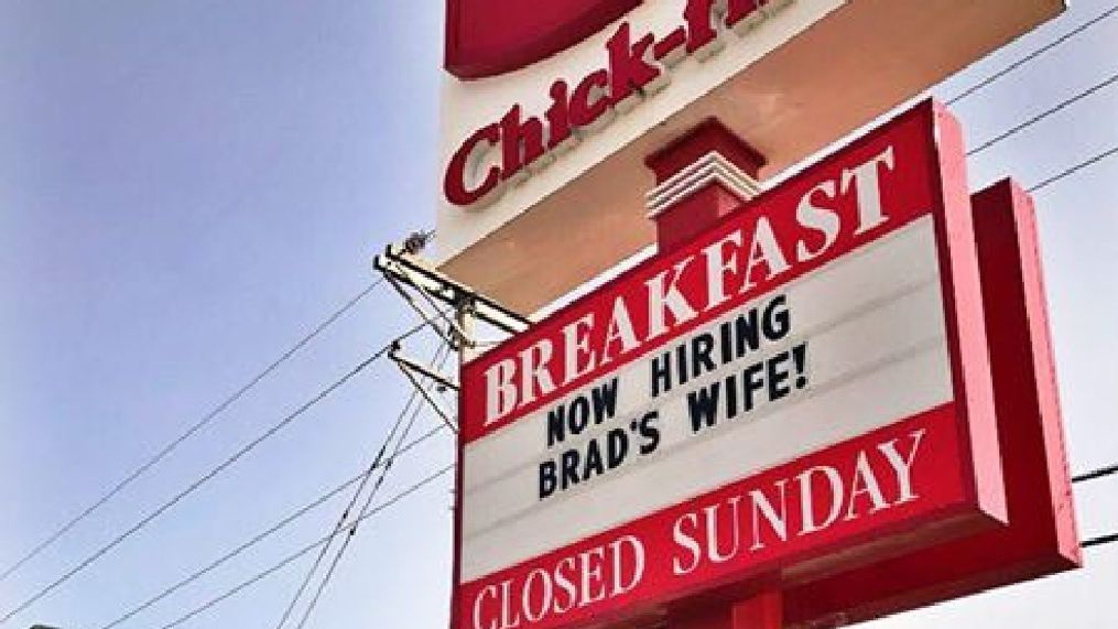 The sign at an Amarillo Chick-fil-A location is going viral after saying the store is "Now Hiring Brad's Wife." (Courtesy Chick-fil-A at Georgia Street) 