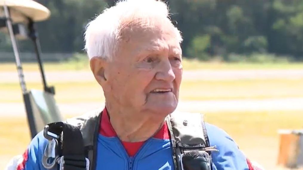 91-year-old John Finnie is seen skydiving on June 24, 2023, as friends, family cheer the Air Force veteran on. (SBG)