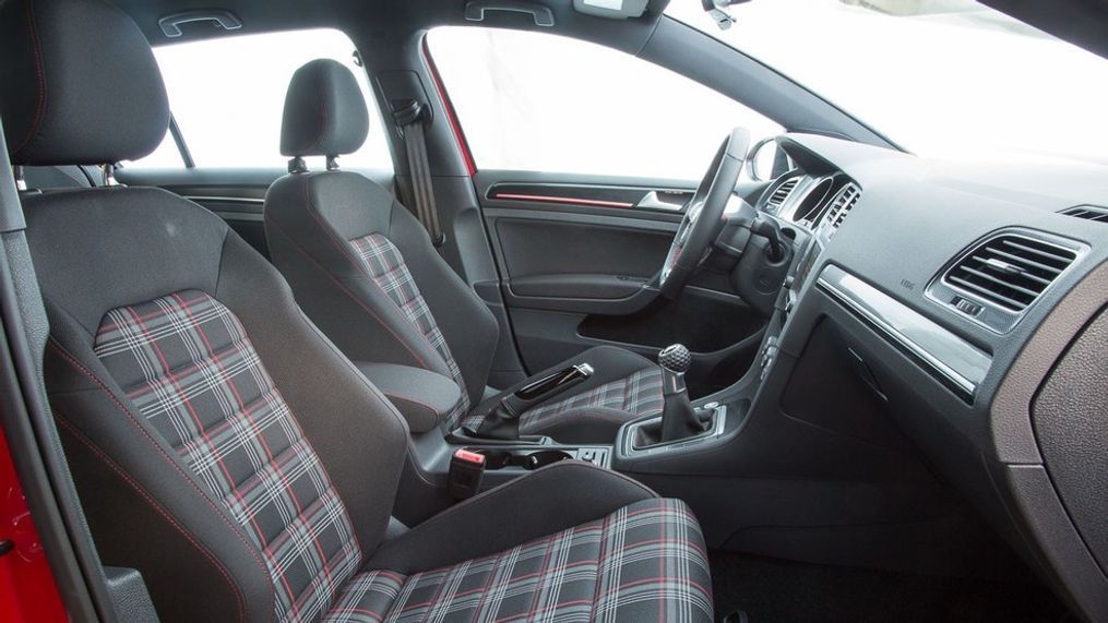 The plaid interior of the Volkswagen GTI.{ }(Image courtesy of Volkswagen of America)