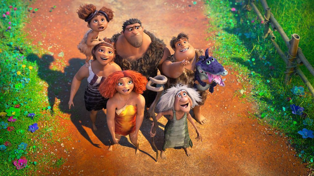 (clockwise, from top left) Sandy Crood (Kailey Crawford), Grug Crood (Nicolas Cage), Thunk Crood (Clark Duke), Gran (Cloris Leachman), Eep Crood (Emma Stone) and Ugga Crood (Catherine Keener) in DreamWorks Animation's The Croods: A New Age, directed by Joel Crawford.&nbsp;(Photo: DreamWorks Animation)