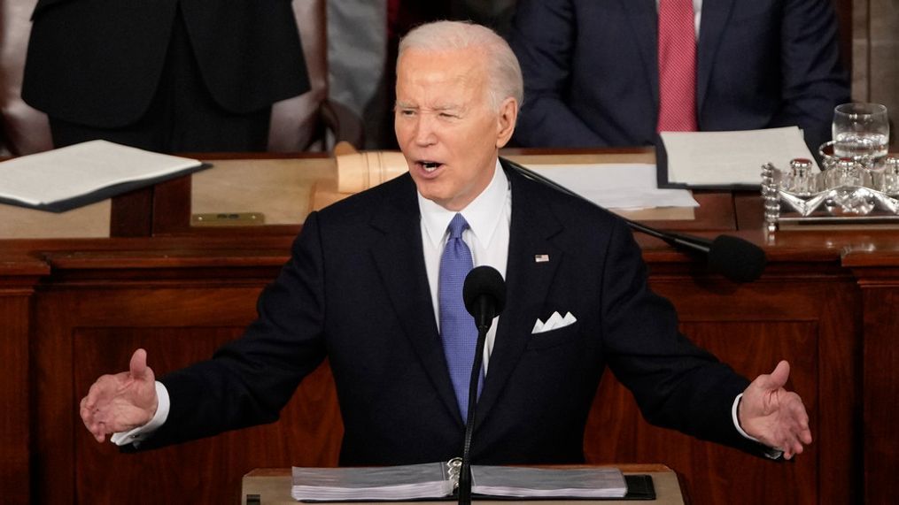 President Joe Biden speaks during the State of the Union address on Capitol Hill, Thursday, March 7, 2024, in Washington. (AP Photo/Mark Schiefelbein)