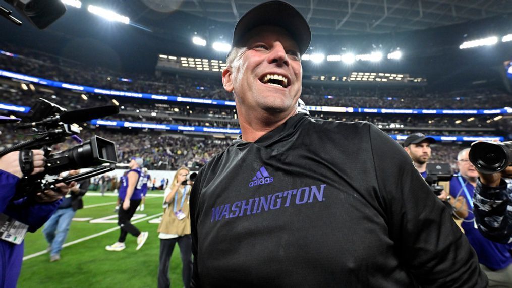 FILE - Washington coach Kalen DeBoer smiles after the team's victory over Oregon in the Pac-12 championship NCAA college football game, Dec. 1, 2023, in Las Vegas. (AP Photo/David Becker, File)