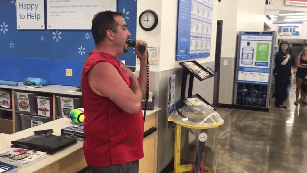 James Fruits sings the national anthem through the intercom at a Walmart in Osage Beach, MO. (James Fruits) 