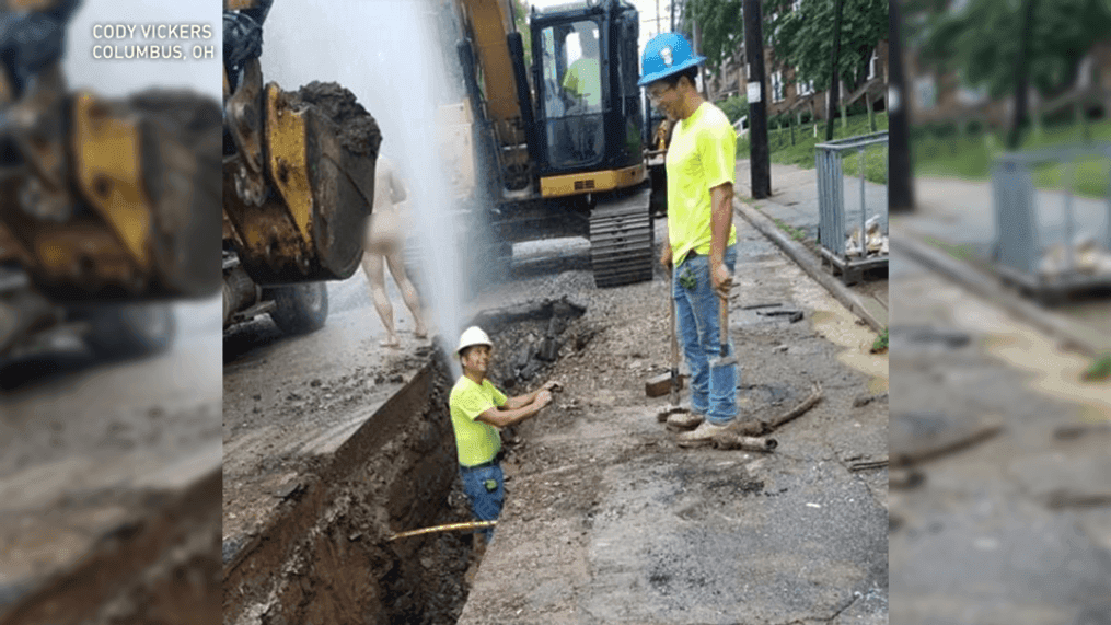 A Clintonville-area man upset decided he wasn't going to let a broken water main completely interrupt his shower. Instead he decided to step out into the water shooting up into the air in the street (Courtesy: Cody Vickers){p}{/p}{p}{/p}{p}{/p}