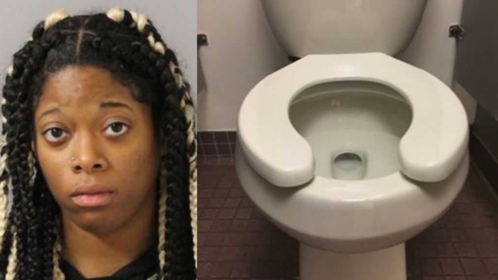 At left, Tierni Williams, at right, a file image of a public toilet. (Metropolitan Nashville Police Department; WZTV)