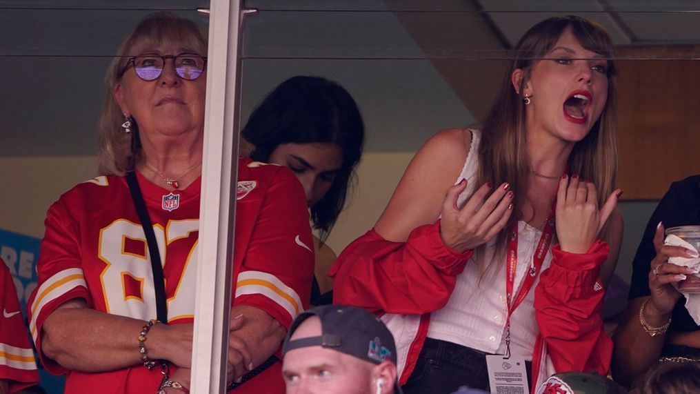 FILE - Taylor Swift, right, watches from a suite alongside Travis Kelce's mother, Donna Kelce, inside Arrowhead Stadium during the first half of an NFL football game between the Chicago Bears and Kansas City Chiefs Sunday, Sept. 24, 2023, in Kansas City, Mo.(AP Photo/Ed Zurga, File)