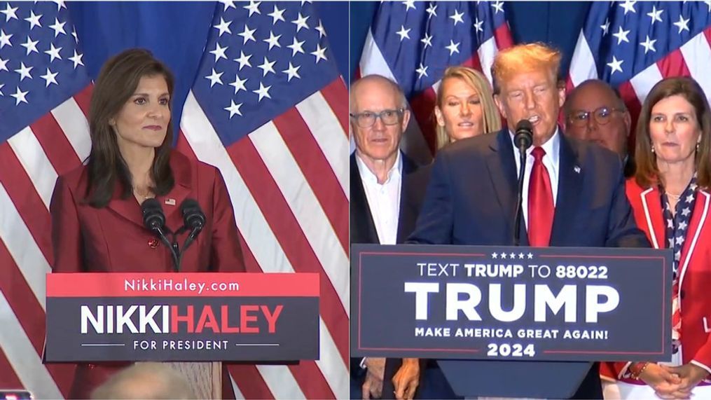 (LEFT) Nikki Haley speaks at the Charleston Place Hotel following her loss to former President Donald Trump in South Carolina's first-in-the-South Republican presidential primary, Feb. 24, 2024 (RIGHT){&nbsp;}Donald Trump speaks to supporters after defeating Nikki Haley in the SC GOP Primary at the fairgrounds in Columbia on February 24, 2024. (WCIV/WPDE)