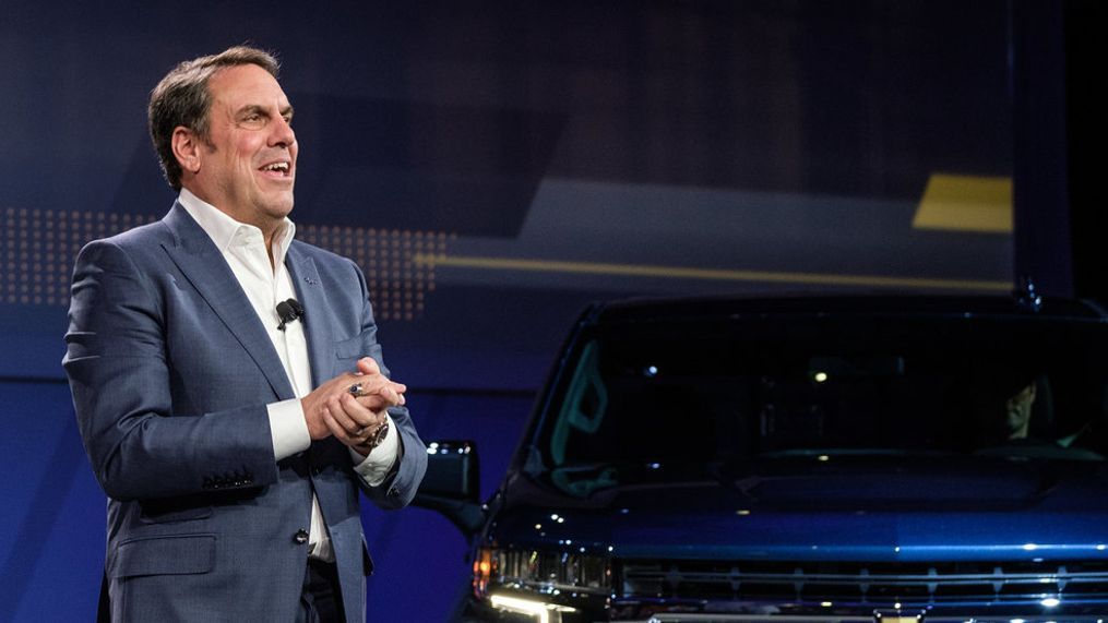 In this January 2018 photo, Mark Reuss, who was just named president of GM, introduces three 2019 Silverado 1500 models making their world debuts. (Image courtesy of General Motors / Steve Fecht)