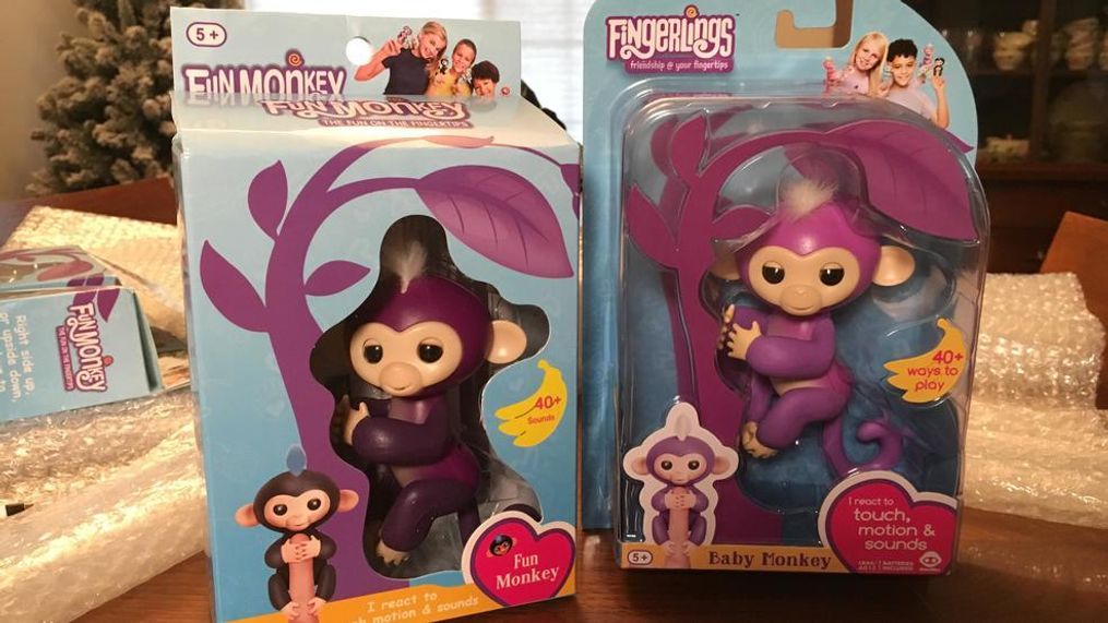 Authentic, trademarked Fingerlings shown on the right. Manufacturer says product on left is an unauthorized knock-off. (KOMO)