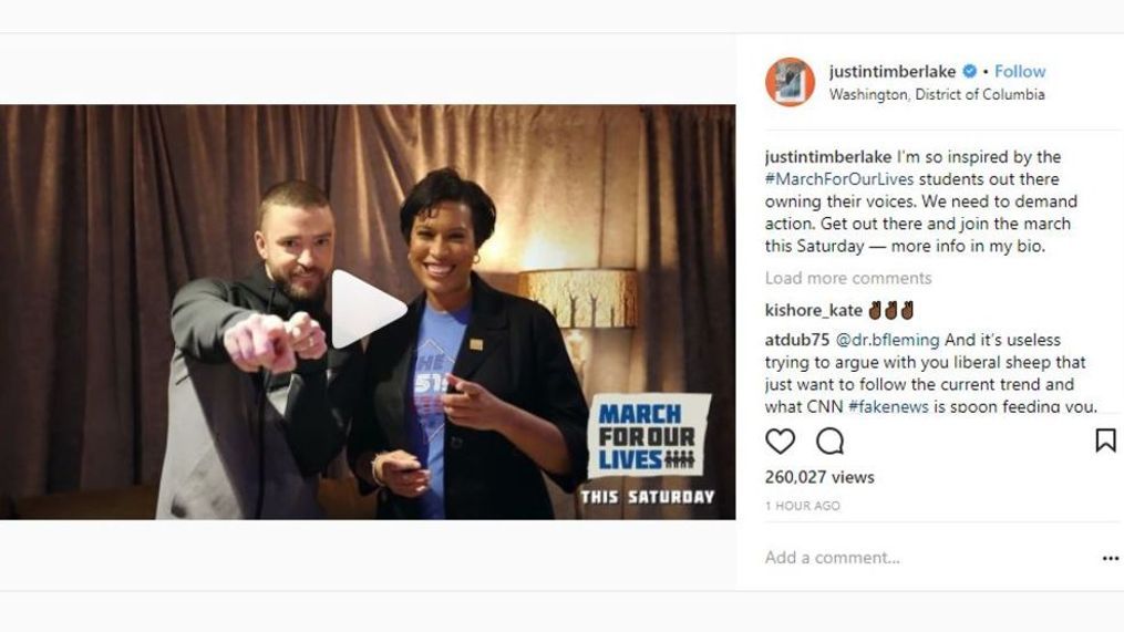 Justin Timberlake teams up with Mayor Bowser to support Saturday's March for Our Lives. (Justin Timberlake Instagram post)