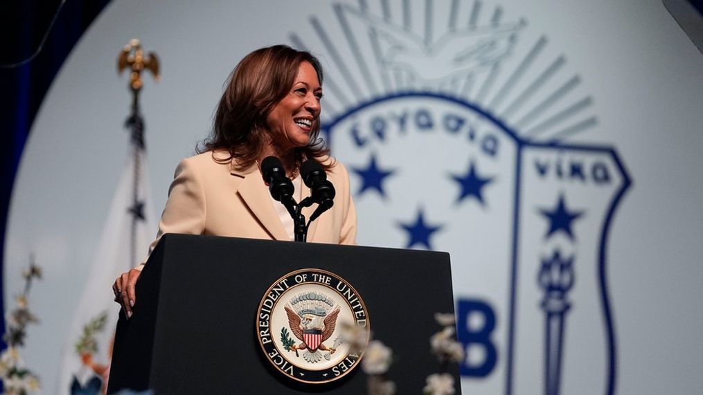 Vice President Kamala Harris speaks during the Zeta Phi Beta Sorority, Inc.'s Grand BoulÃ©, Wednesday, July 24, 2024, in Indianapolis. (AP Photo/Darron Cummings)