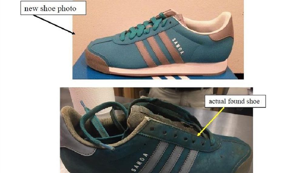 This photo provided by the Charleston Police Department shows the actual shoe found, compared with what the shoe originally looked like. (Charleston Police Department)