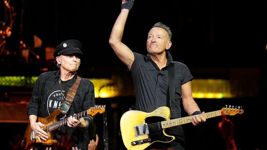 Singer Bruce Springsteen, right, and E Street Band member Nils Lofgren perform during their 2023 tour Wednesday, Feb. 1, 2023, at Amalie Arena in Tampa, Fla. (AP Photo/Chris O'Meara)