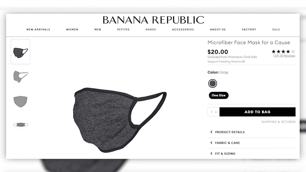 Banana Republic has $20 face masks in stock for adults and kids; $10 of which will go to Feeding America's COVID-19 Response Fund. (Photo: Banana Republic via CNN Newsource)