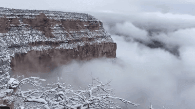 Image for story: BREATHTAKING: Video shows rare 'partial cloud inversion' at snowy Grand Canyon