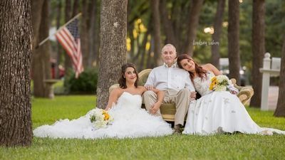 Image for story: Twin sisters pose in wedding gowns with father battling Alzheimer's