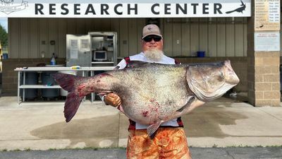 Image for story: Man reels in Oklahoma state record 118 pound bighead carp