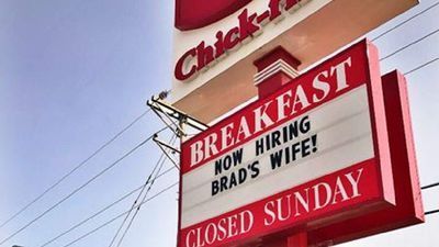 Image for story: Chick-fil-A sign goes viral after saying restaurant is 'Now Hiring Brad's Wife'