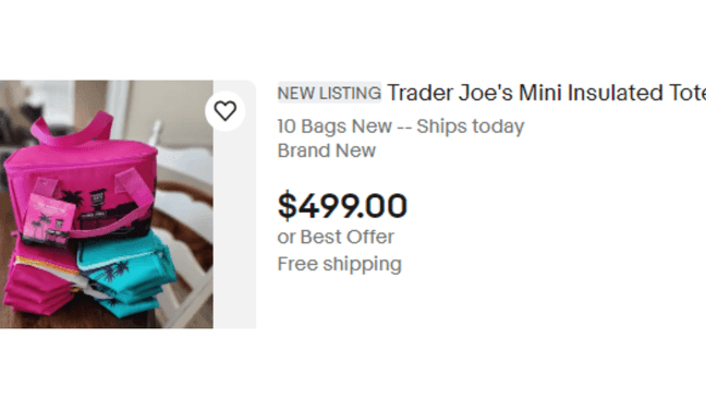 Trader Joe’s new $3.99 mini insulated tote bag reselling for $100 or more on eBay (Screenshot from ebay.com) 