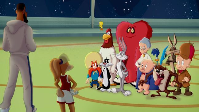 (L-R Backs to Camera) LEBRON JAMES, LOLA BUNNY, (Front Row L-r) YOSEMITE SAM, SYLVESTER, BUGS BUNNY, PORKY PIG, TASMANIAN DEVIL, ELMER FUDD (Back Row L-r) TWEETY BIRD, FOGHORN LEGHORN, GOSSAMER, GRANNY, ROAD RUNNER and WILE E. COYOTE in Warner Bros. Pictures’ animated/live-action adventure “SPACE JAM: A NEW LEGACY,” a Warner Bros. Pictures release.