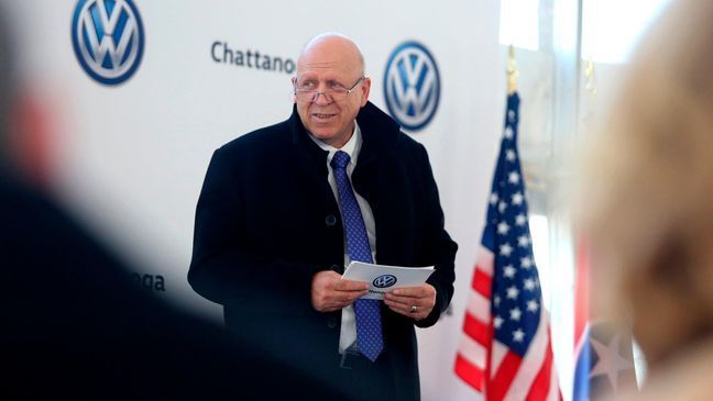 Volkswagen Chattanooga Chief Executive Officer Tom du Plessis speaks during the groundbreaking event for the Volkswagen electric vehicle facility at the Volkswagen plant Wednesday, Nov. 13, 2019 in Chattanooga, Tenn. Volkswagen is making Tennessee its North American base for electric vehicle production, breaking ground on an $800 million expansion at the plant in Chattanooga. (Erin O. Smith/Chattanooga Times Free Press via AP)