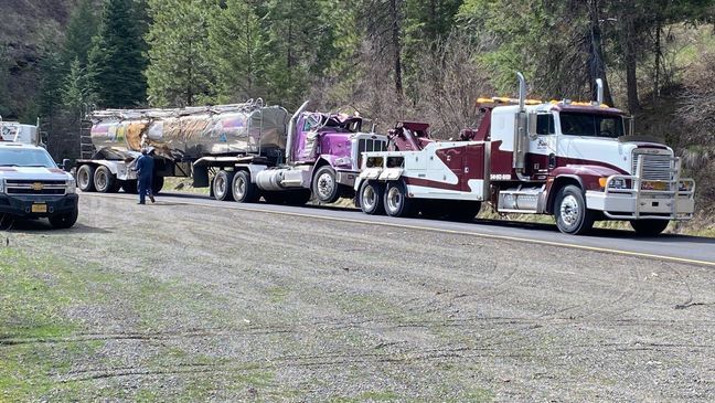 A 53-foot-long tanker truck accidentally released 77,000 salmon into an Oregon creek after it crashed and flipped on March 29, 2024. (Photo courtesy of U.S. Fish and Wildlife)