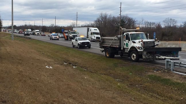 Two semis crashed on Wednesday, Nov. 27, 2019, along I-75 south, near Northwoods Boulevard. One driver appeared to have sustained an injury. (Dayton 24/7 Now photo)