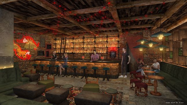 A rendering for the "speakeasy" that will be hidden in the Famous Foods Street Eats dining hall of Resorts World Las Vegas. (Image courtesy Resorts World)