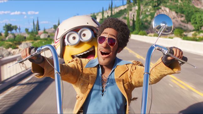 (from left) Minion Otto and Biker (RZA) in Illumination's Minions: The Rise of Gru, directed by Kyle Balda.