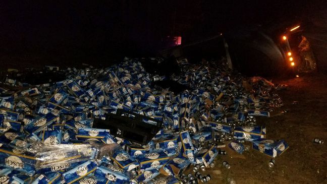 Truck driver spills 60,000 pounds of beer on I-10 in Okaloosa County, Fla. (Florida Highway Patrol)