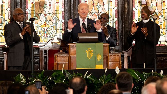 President Joe Biden delivers remarks at Mother Emanuel AME Church in Charleston, S.C., Monday, Jan. 8, 2024, where nine worshippers were killed in a mass shooting by a white supremacist in 2015.  (AP Photo/Mic Smith)