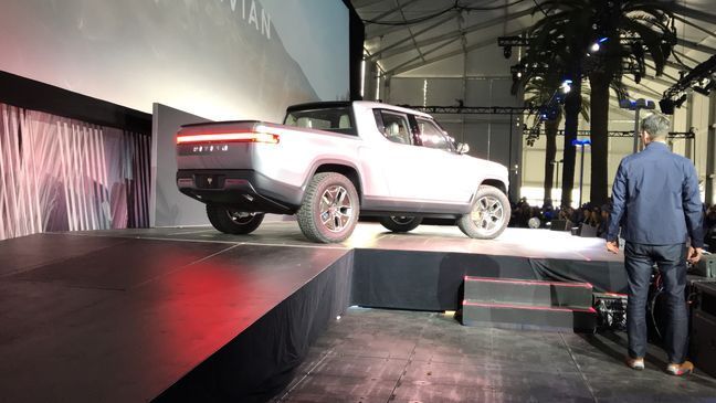 The Rivian R1T as it was revealed at the 2018 Los Angeles Auto Show. (Sinclair Broadcast Group / Jill Ciminillo)