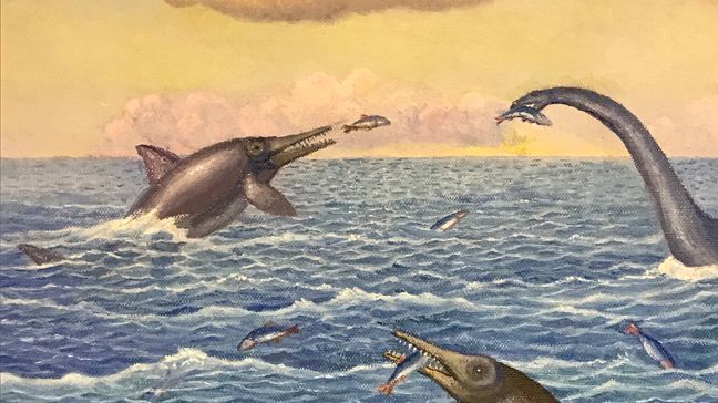 Depiction of ichthyosaurs during{&nbsp;}the Late Jurassic epoch. Ichthyosaurs were dolphin-to-whale-sized marine reptiles that existed for almost 130 million years. (Image: Utah State Parks)