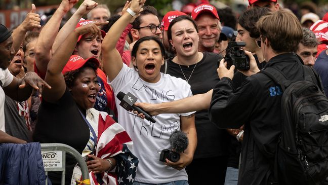 Supporters of Republican presidential candidate and former President Donald Trump gather ahead of a campaign rally in the Bronx borough of New York, Thursday, May. 23, 2024, in New York. (AP Photo/Yuki Iwamura)