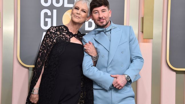 Jamie Lee Curtis, left, and Barry Keoghan arrive at the 80th annual Golden Globe Awards at the Beverly Hilton Hotel on Tuesday, Jan. 10, 2023, in Beverly Hills, Calif. (Photo by Jordan Strauss/Invision/AP)