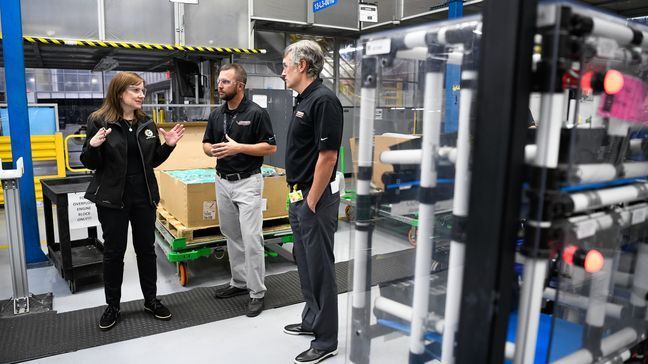 General Motors Chairman and CEO Mary Barra meets with plant employees and leadership before announcing the company is adding a second shift and more than 400 hourly jobs at its Bowling Green Assembly plant Thursday, April 25, 2019 in Bowling Green, Kentucky. The second shift and additional jobs will support production of the Next Generation Corvette, which will be revealed on July 18. (Image courtesy of General Motors) 