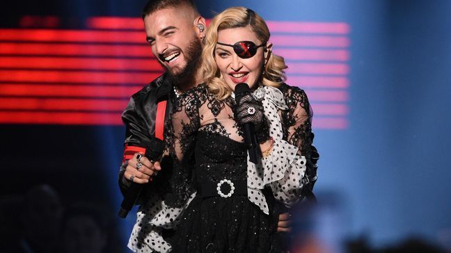 FILE - Maluma (left) and Madonna perform "Medellin" at the Billboard Music Awards on Wednesday, May 1, 2019, at the MGM Grand Garden Arena in Las Vegas. (Photo by Chris Pizzello/Invision/AP)