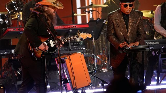 Chris Stapleton, left, and Stevie Wonder perform "Higher Ground" during a tribute to Motown at the 65th annual Grammy Awards on Sunday, Feb. 5, 2023, in Los Angeles. (AP Photo/Chris Pizzello)