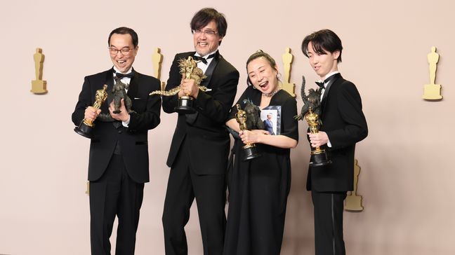 (L-R) Masaki Takahashi, Takashi Yamazaki, Kiyoko Shibuya and Tatsuji Nojima, winners of the Best Visual Effects award for ''Godzilla Minus One'' pose in the press room during the 96th Annual Academy Awards at Ovation Hollywood on March 10, 2024 in Hollywood, California. (Photo by Rodin Eckenroth/Getty Images)