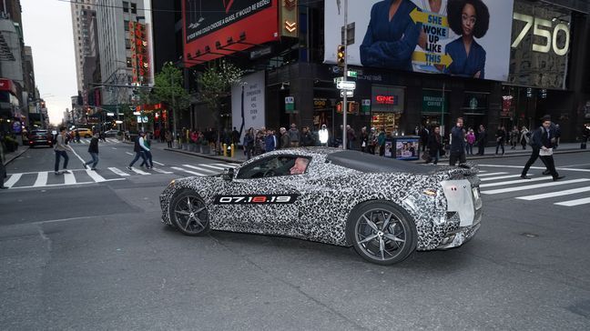 A camouflaged next generation Corvette travels down 7th Avenue near Times Square Thursday, April 11, 2019 in New York, New York. (Image courtesy of General Motors)